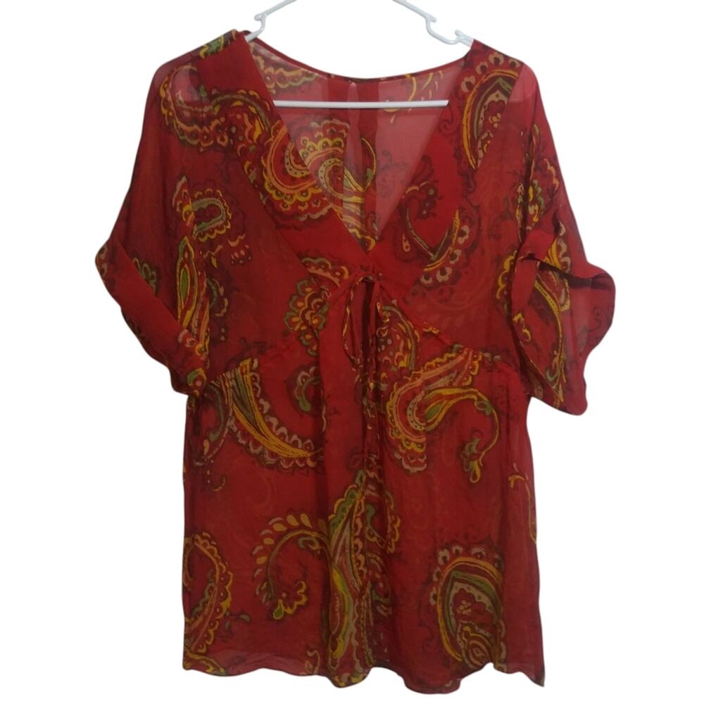 Anne Klein Red Sheer Silk Paisley Empire Boho Short Sleeve Blouse Size L